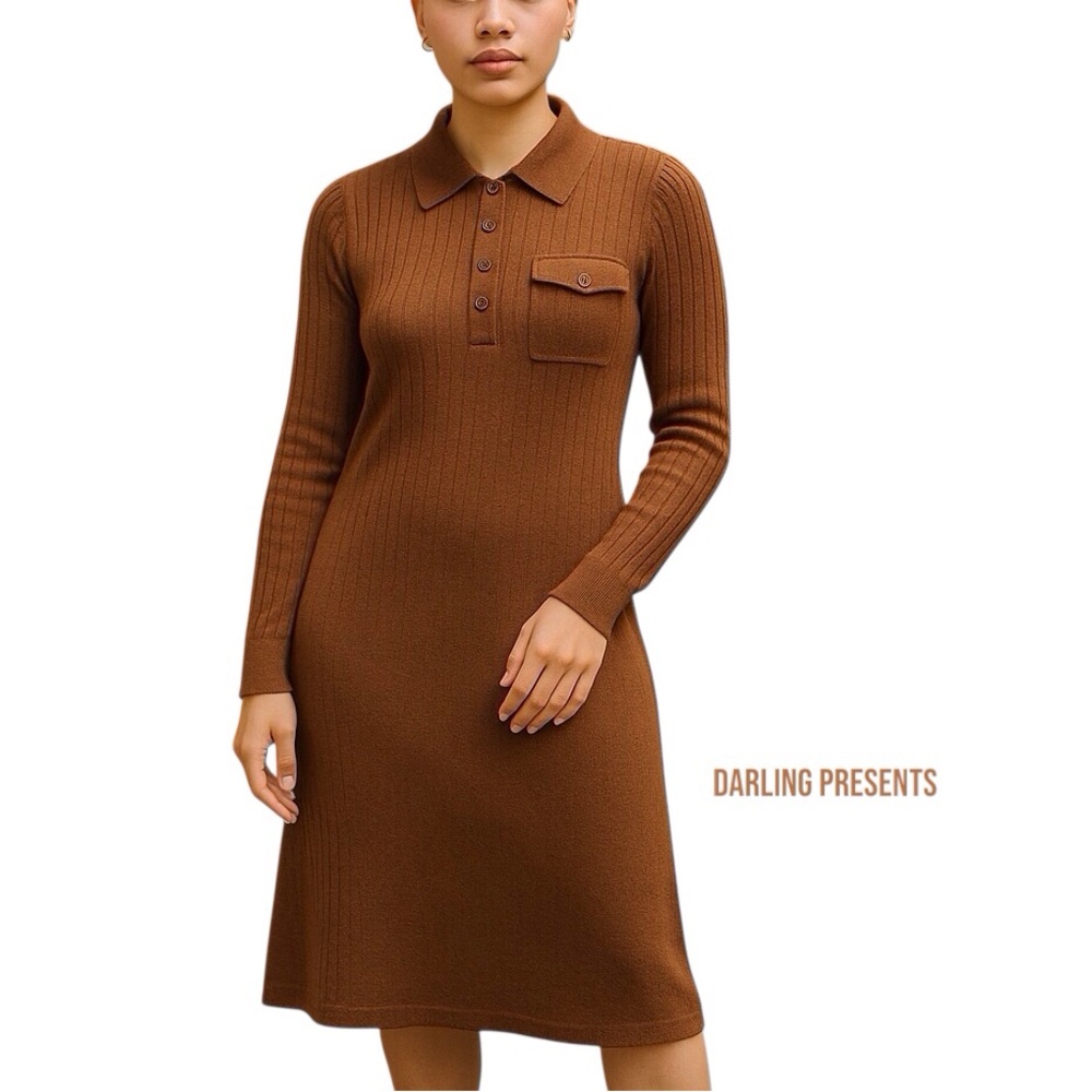 Zara Knit Pocket Front Long Sleeve Dress Women Color Brown Size M